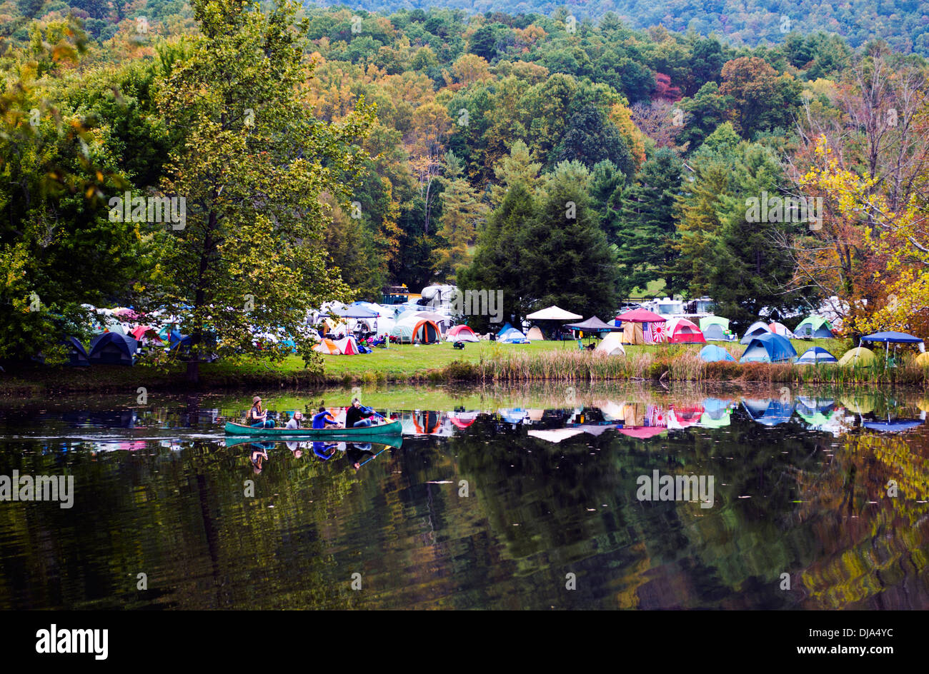 Campers and people canoing at The Leaf Festival (Lake Eden Arts Festival), Black Mountain North Carolina. Stock Photo