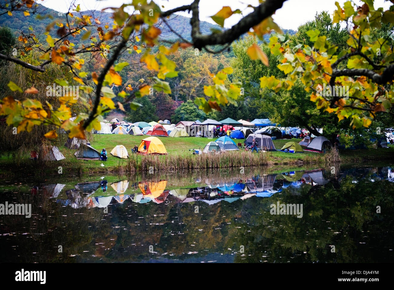 Campers tents along the lake at The Leaf Festival (Lake Eden Arts Festival), Black Mountain North Carolina. Stock Photo