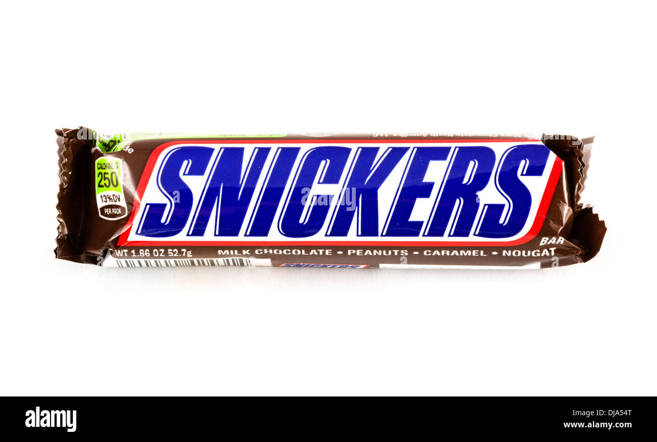 Bar of snickers milk chocolate candy, USA Stock Photo