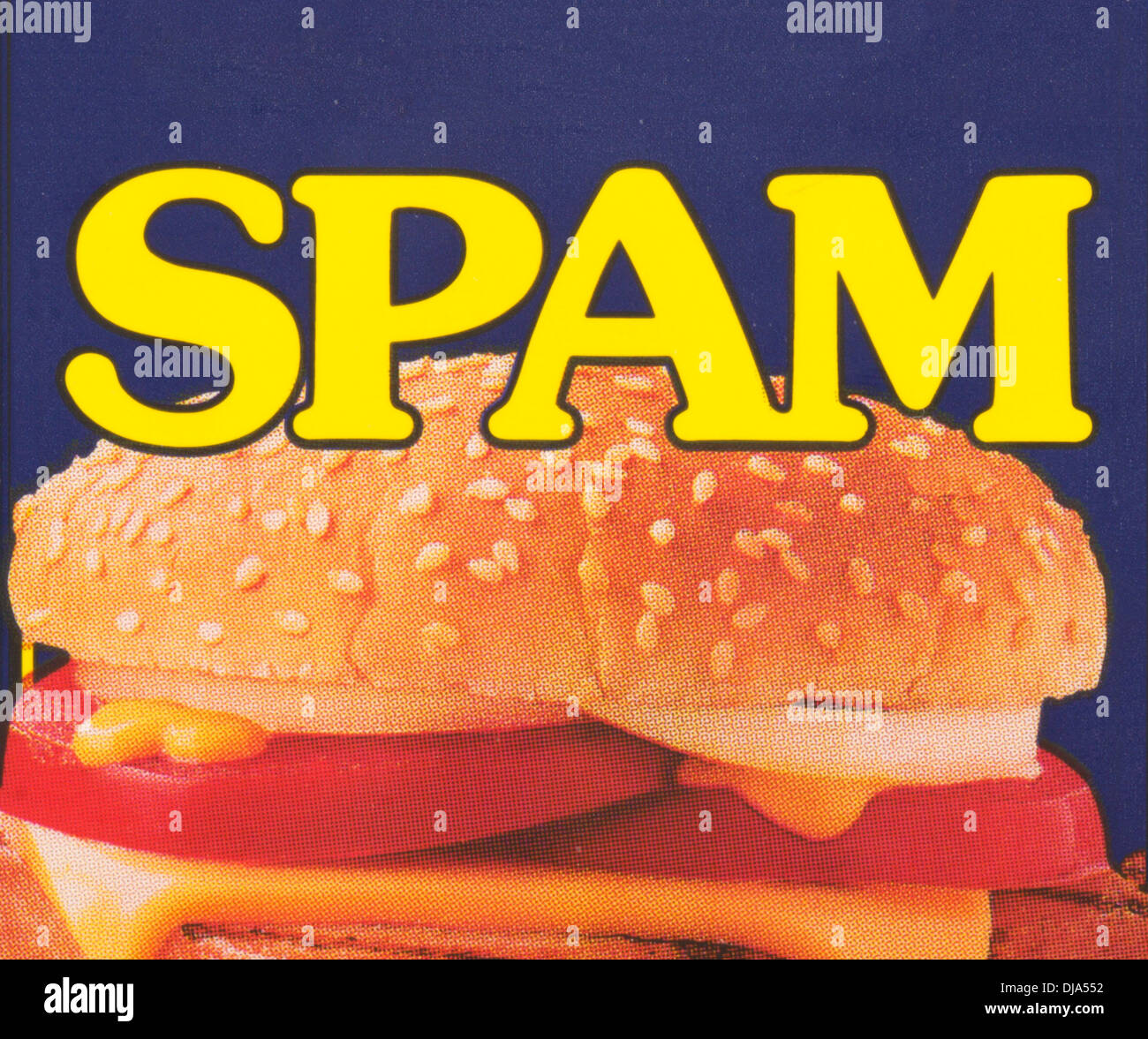 Close up of the label on a tin of Spam processed meat, USA Stock Photo