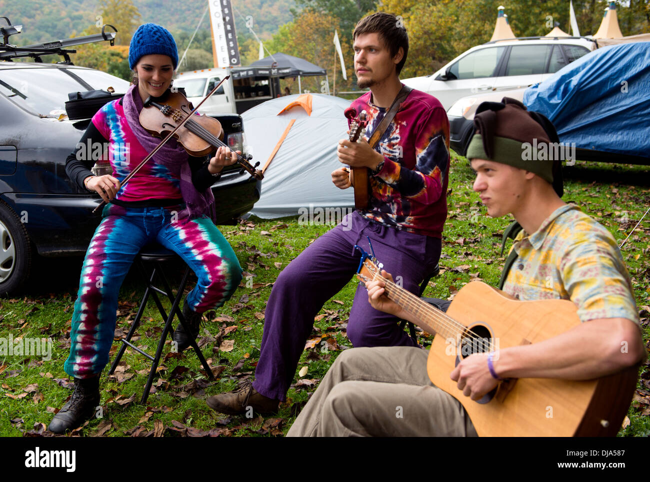 Musicians playing stringed instruments at the Leaf Festival (Lake Eden Arts Festival) at Black Mountain North Carolina. Stock Photo