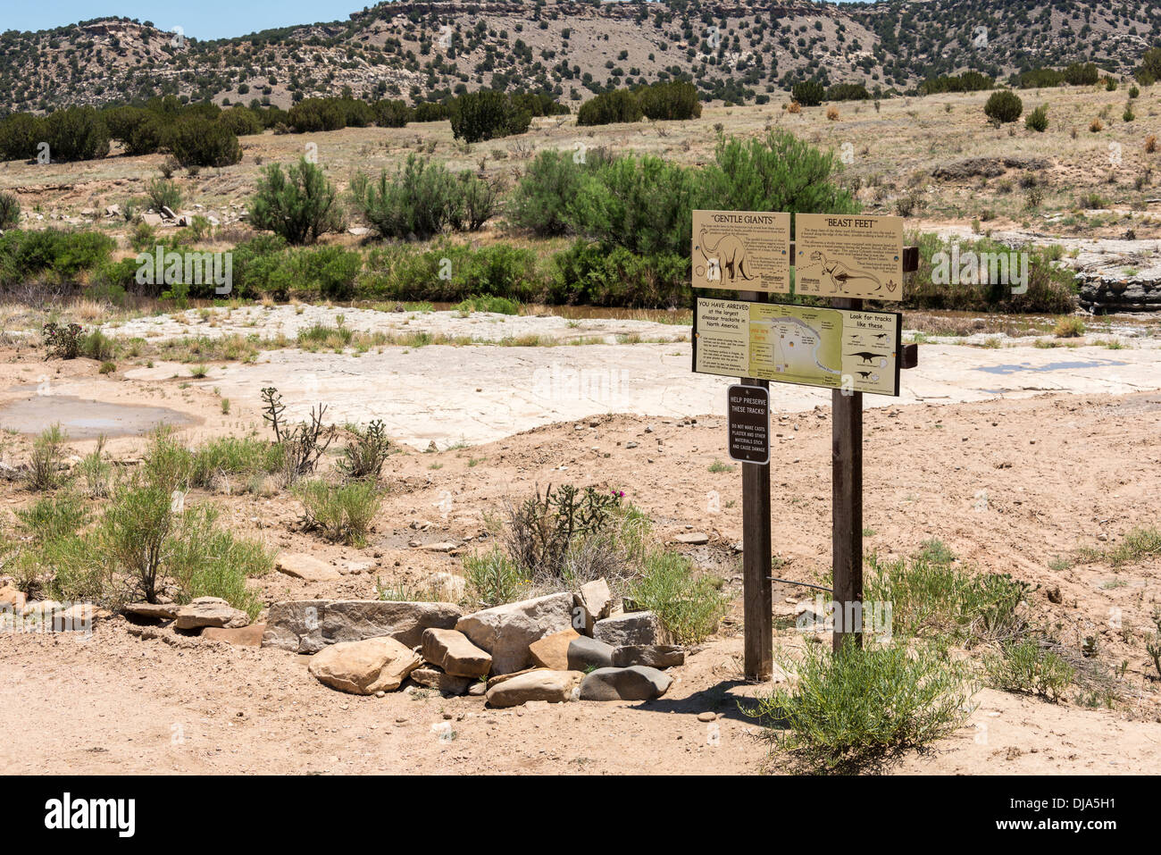 Entry sign, dinosaur track site, Purgatoire River, Picketwire Canyonlands, Comanche National Grasslands, La Junta, Colorado. Stock Photo