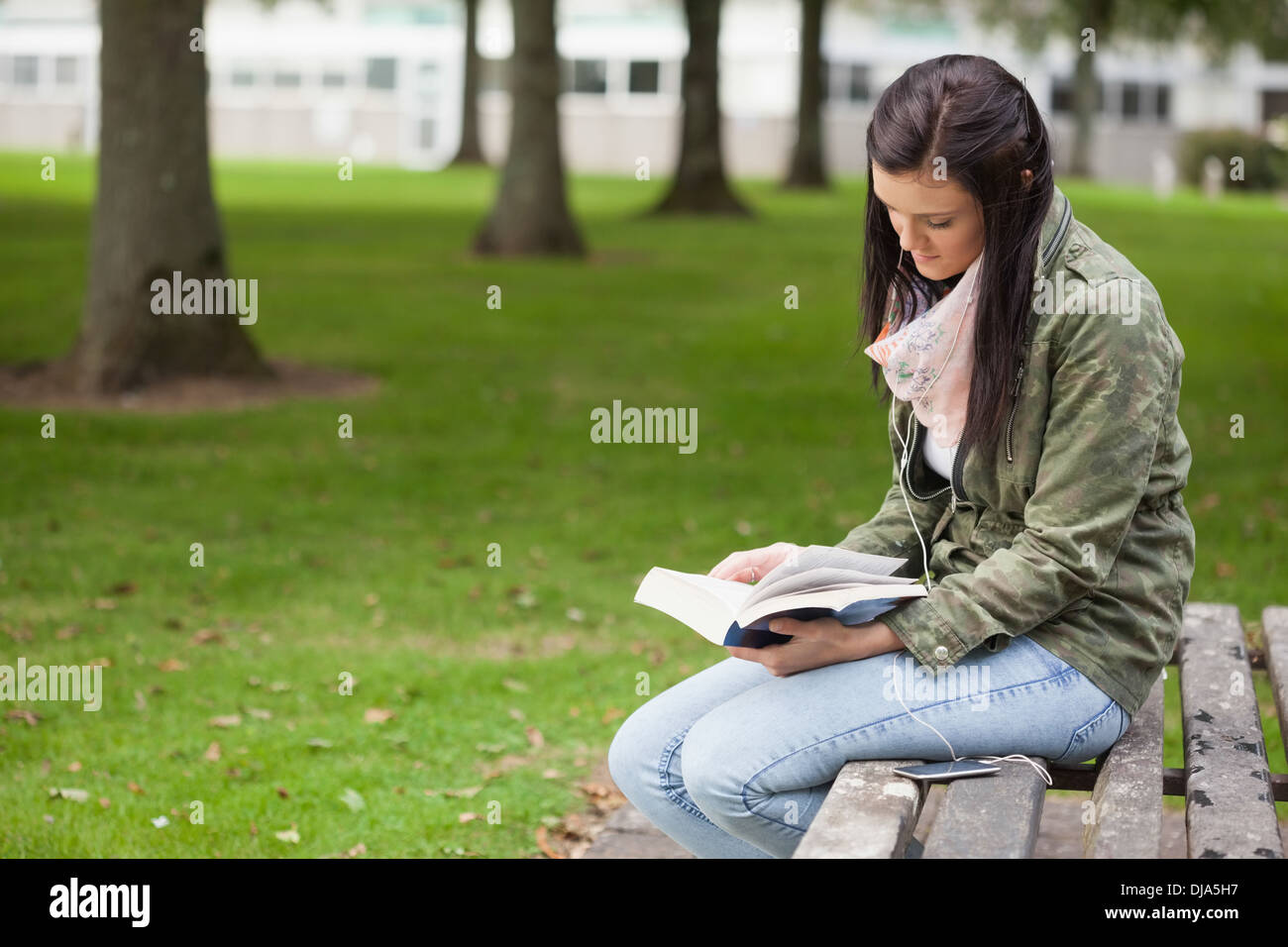 Focused brunette student sitting on bench reading Stock Photo