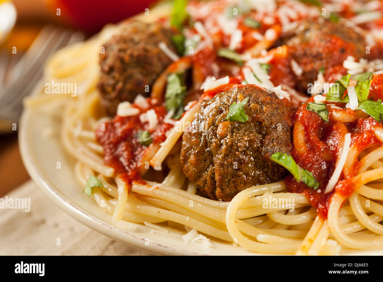 Homemade Spaghetti and Meatballs Pasta with Basil and Marinara Stock