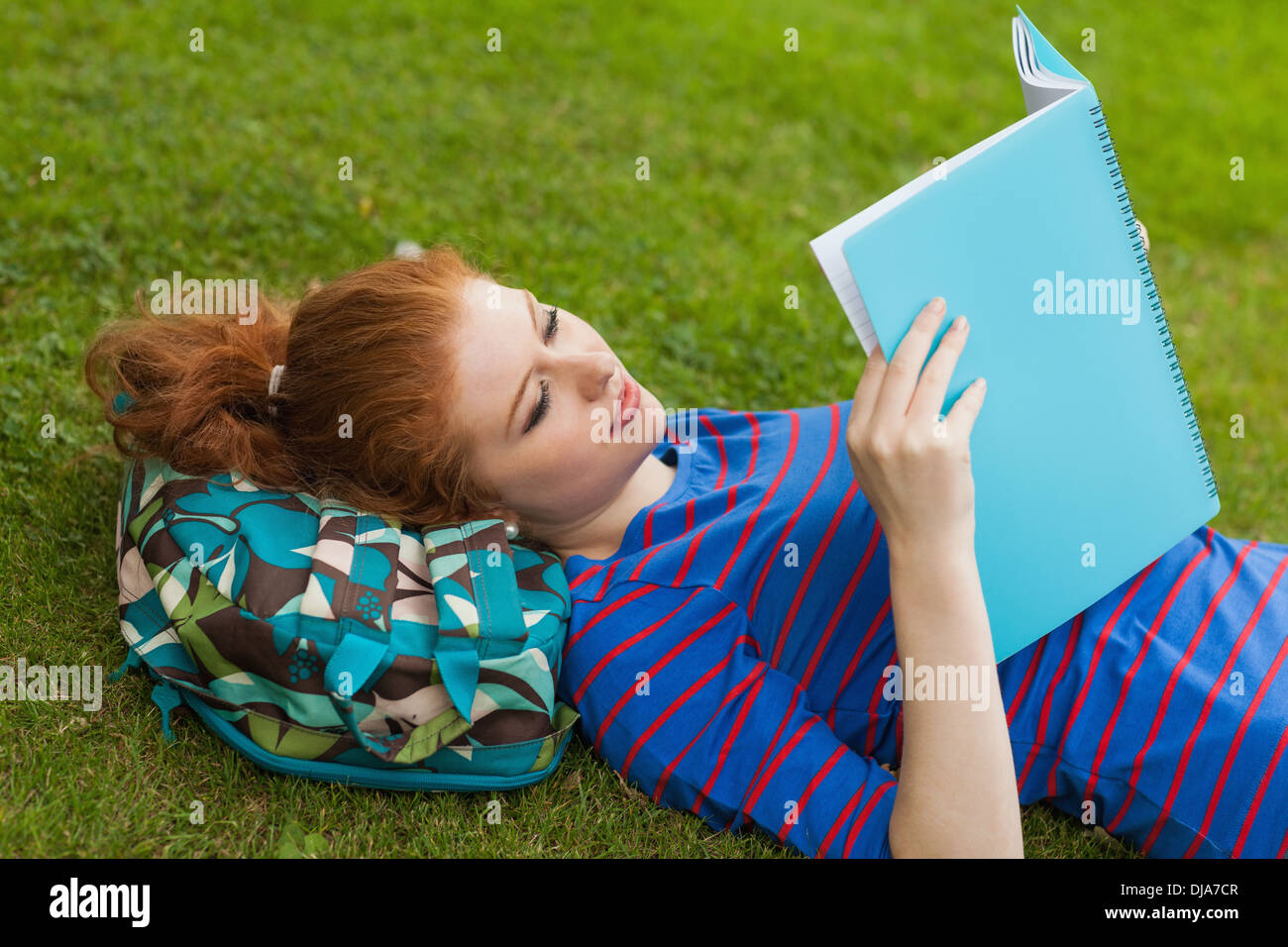 Gorgeous focused student lying on grass reading notes Stock Photo