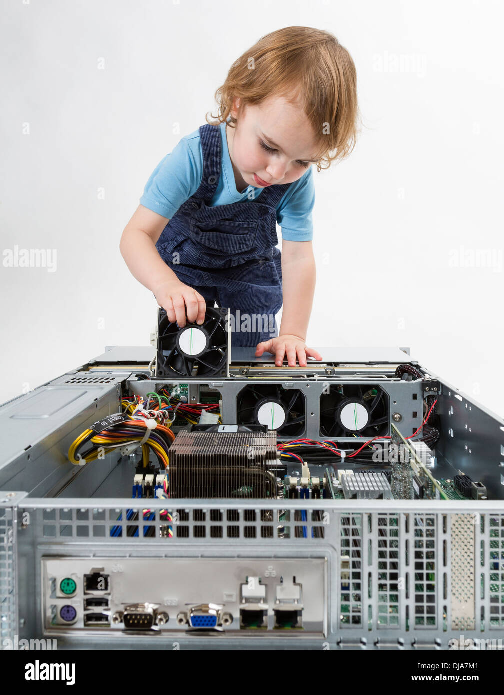 cute child with open network server. studio shot in light grey background Stock Photo