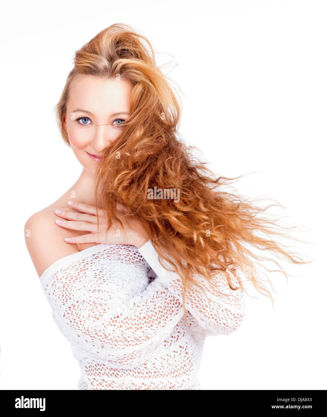 Portrait of a Young Beautiful Woman with Long Brown Hair -Isolated on White Stock Photo