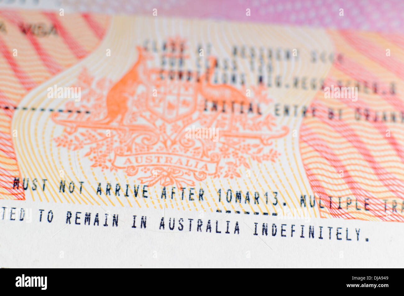 Permanent residency visa for Australia: a sticker in a passport Stock Photo