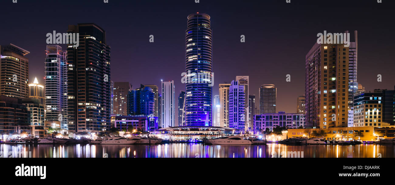 Dubai Marina skyline at night. Dubai, United Arab Emirates. Stock Photo