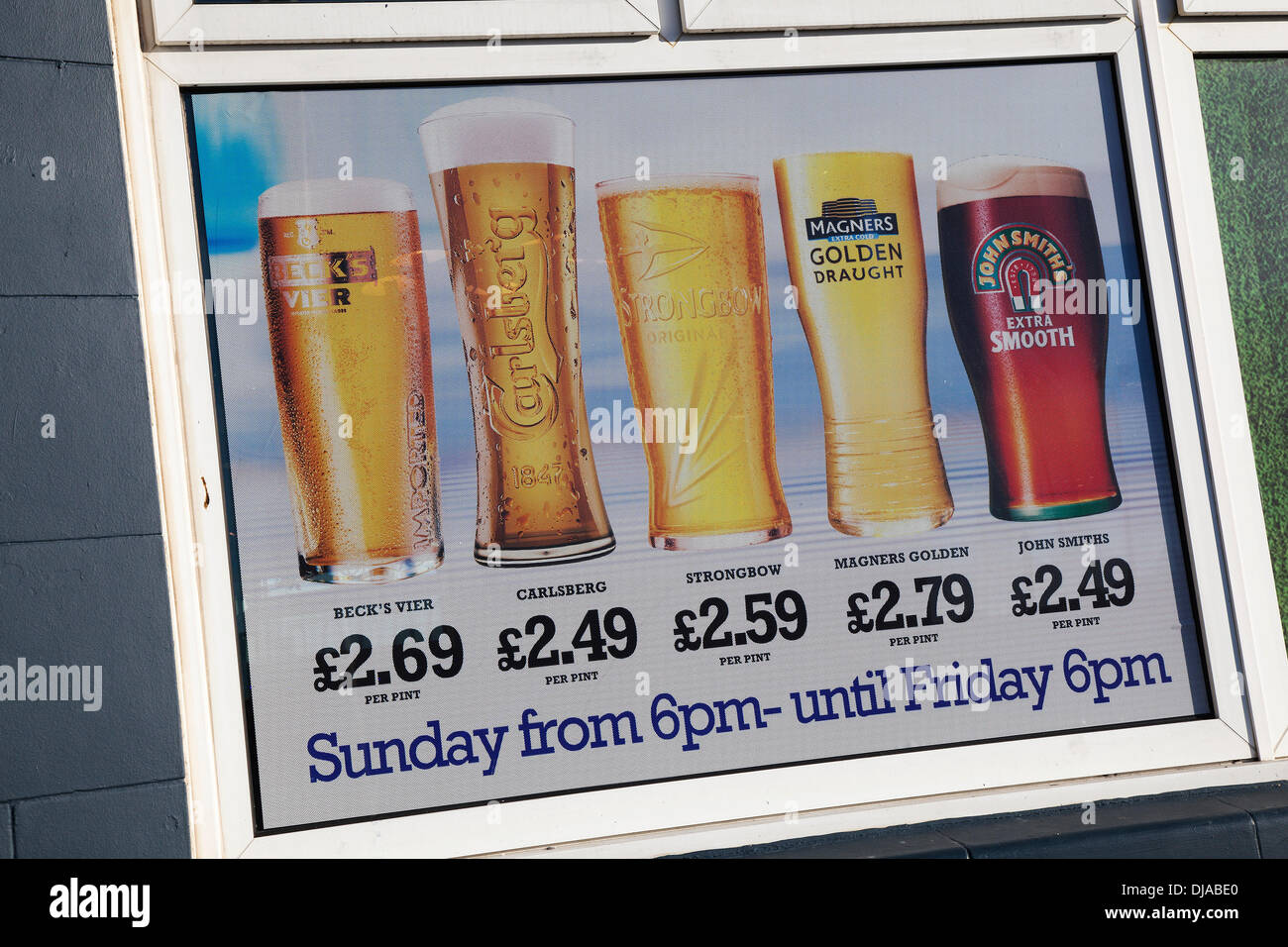 Blackpool, Lancashire, 25th November, 2013. The Council is considering a ban on all alcohol advertising outside pubs, off-licences and shops in a bid to tackle the town’s alcohol-related health problems. Also under consideration are controversial plans to ban late night drinking in the town centre to help ease the burden on over-stretched resources. The proposed introduction of an Early Morning Restriction Order (EMRO)– which would ban pubs and clubs serving booze after 3am, Chief Constable Steve Finningan said the move would help his force. Stock Photo