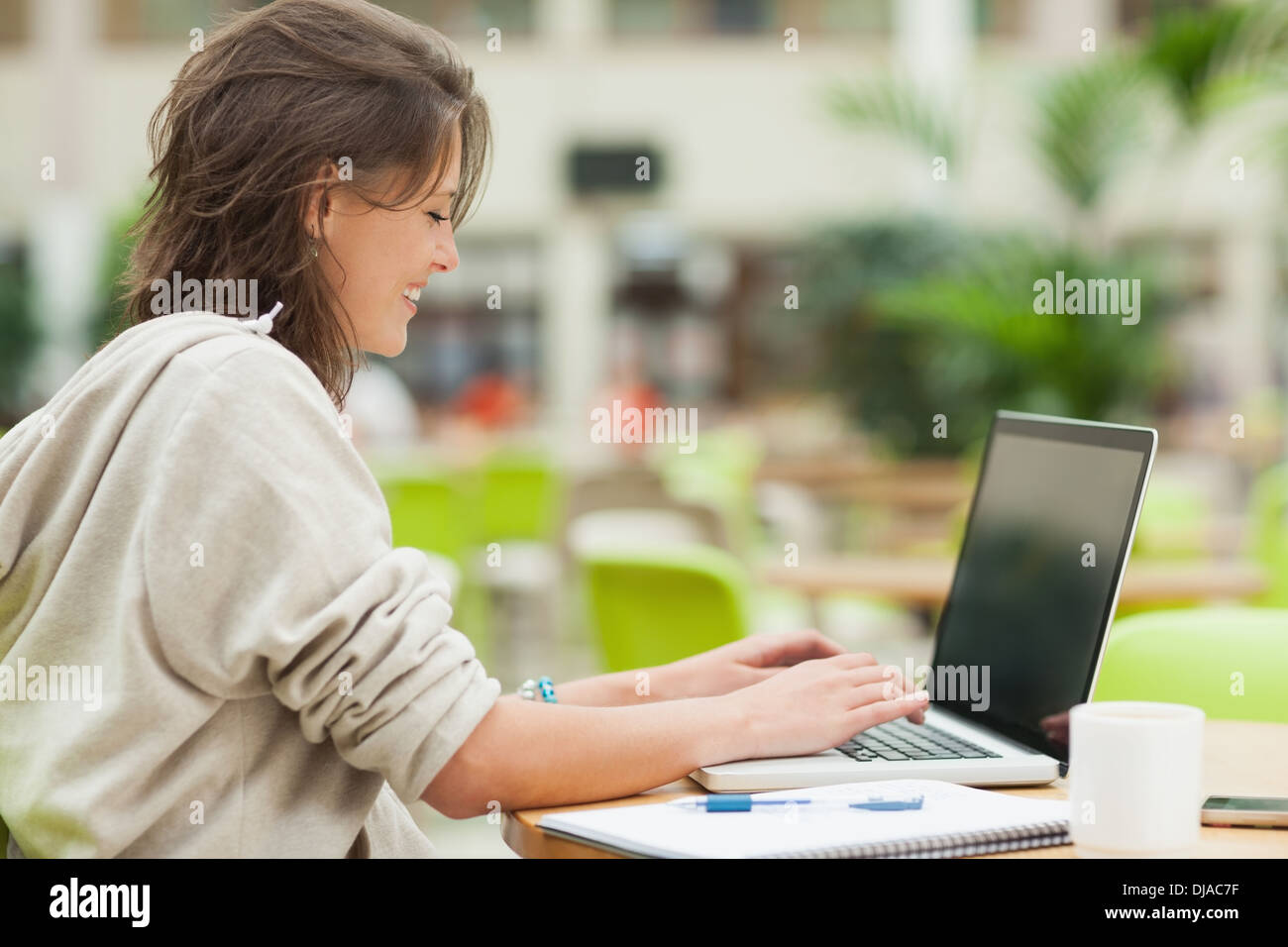 Student using laptop at cafeteria table Stock Photo