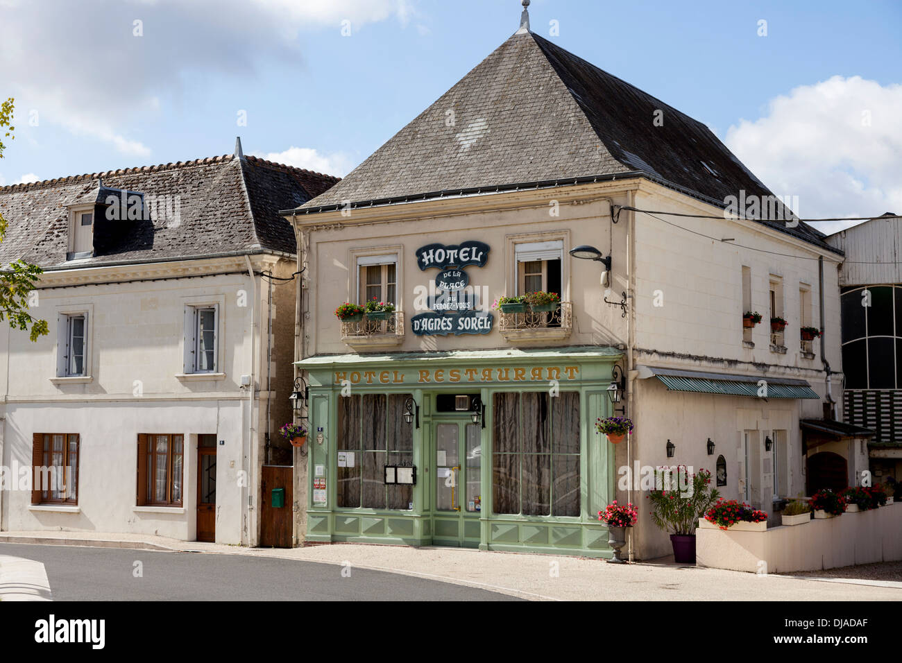Hotel restaurant Agnes Sorel in the small French town of Genille Stock Photo