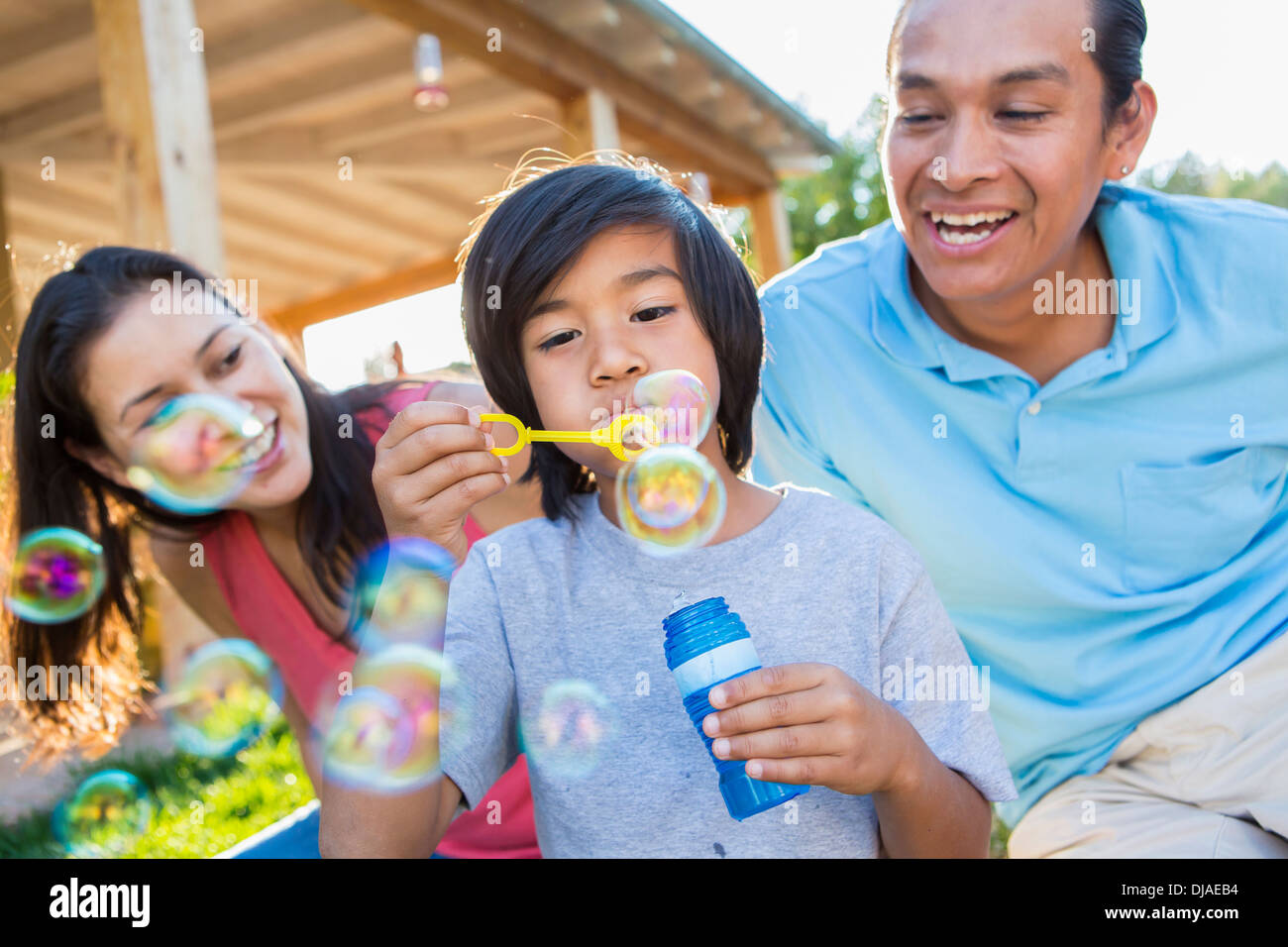 Family blowing bubbles outdoors Stock Photo Alamy
