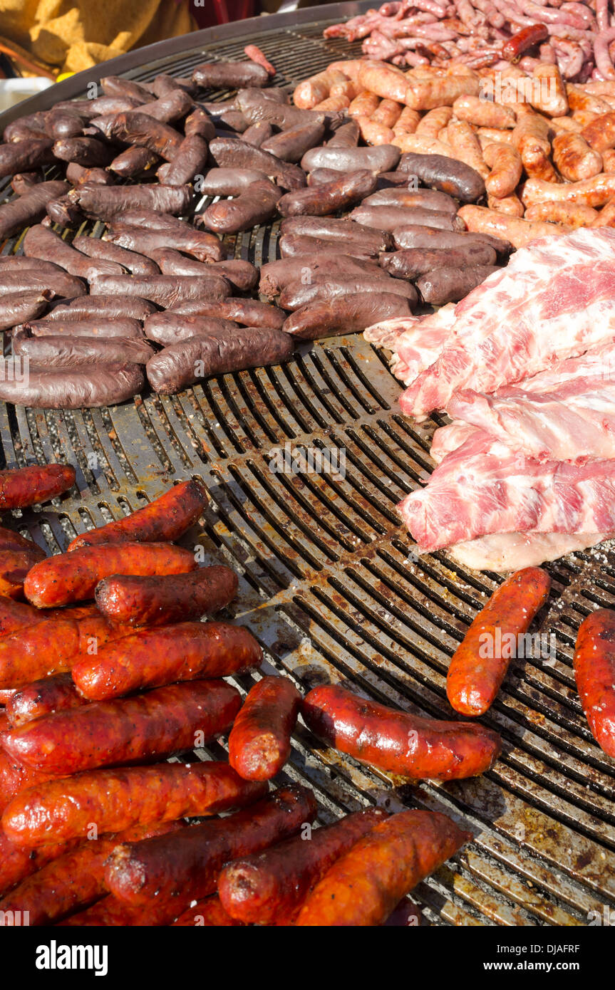 Spanish barbecue with assorted chorizo, black pudding and ribs Stock