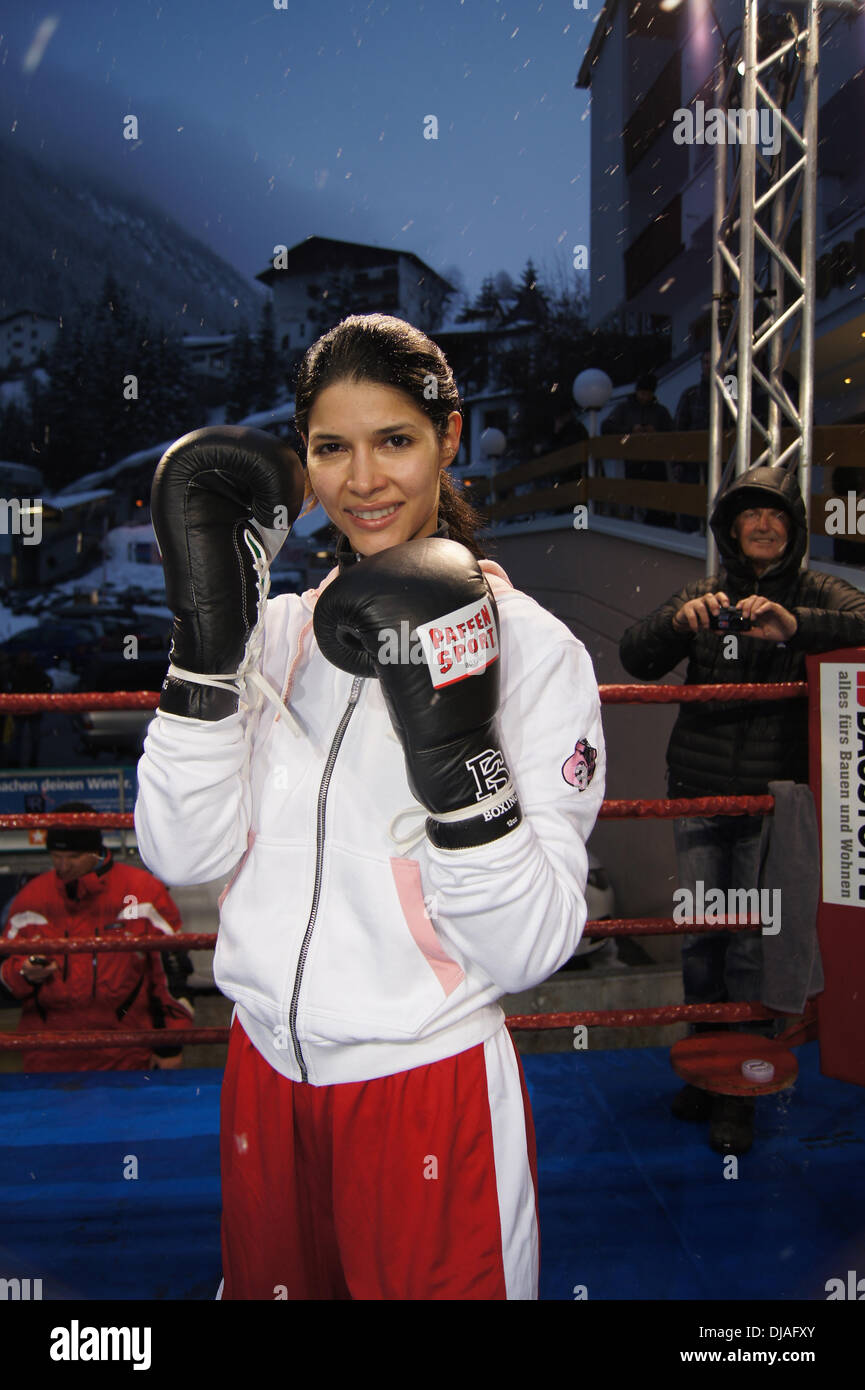 Micaela Schaefer practicing for her boxing fight against Indira Weis on German ProSieben TV show 'Promiboxen'. Ischgl, Austria - 19.03.2012 Stock Photo