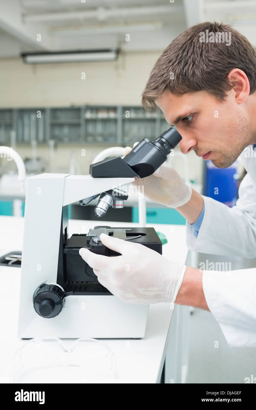 Scientific researcher using microscope in the laboratory Stock Photo