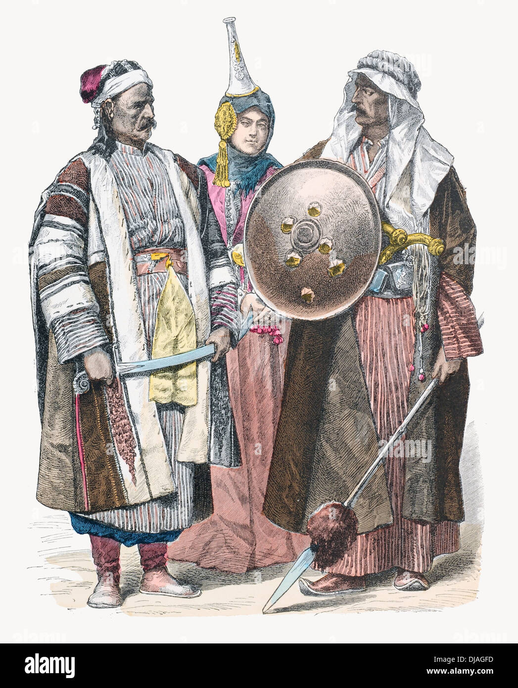 19th century XIX costumes Left to right Syrian, woman of Damascus and an Arab from Baghdad Stock Photo