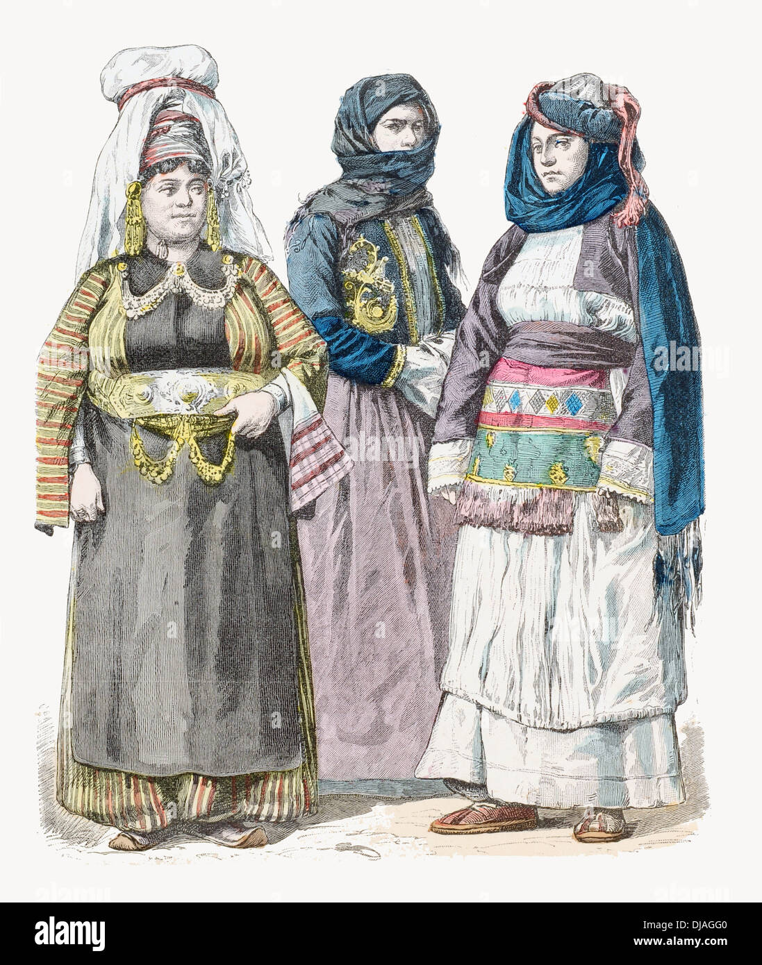19th century XIX Kurdish woman (left) women from Preveza (cente) and Chios  (Right Stock Photo - Alamy