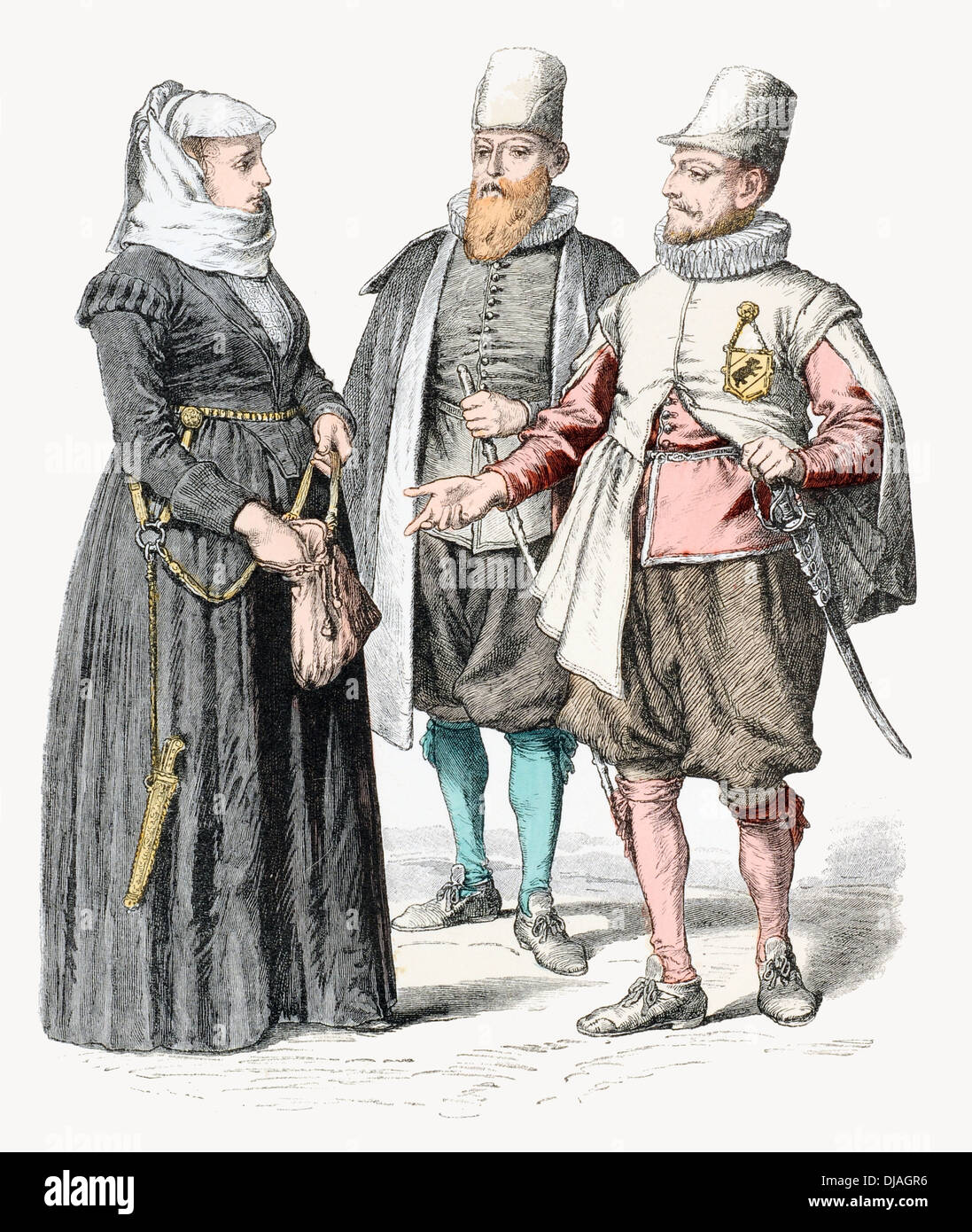 17th century XVII Swiss costume of Bailiff and footman. Woman in Church and mourning dress Stock