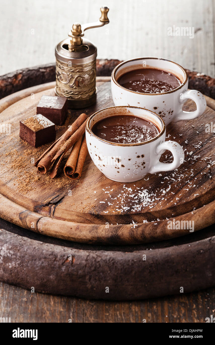 Hot chocolate sprinkled with white chocolate with spices Stock Photo