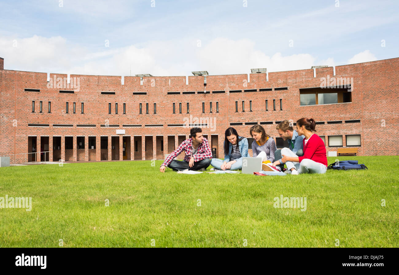 Students using laptop in lawn against college building Stock Photo