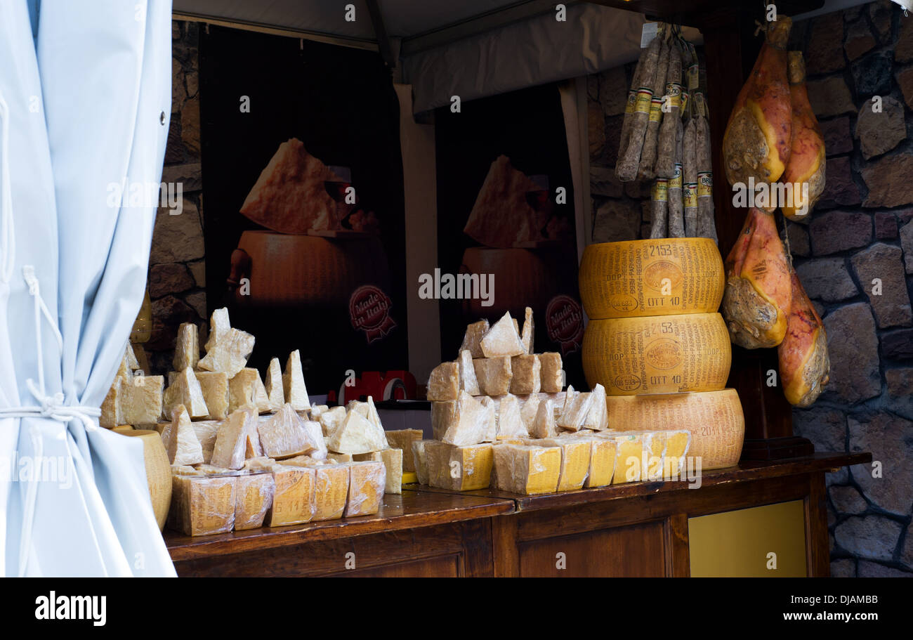 Traditional Italian shop with cheese and meat products Stock Photo