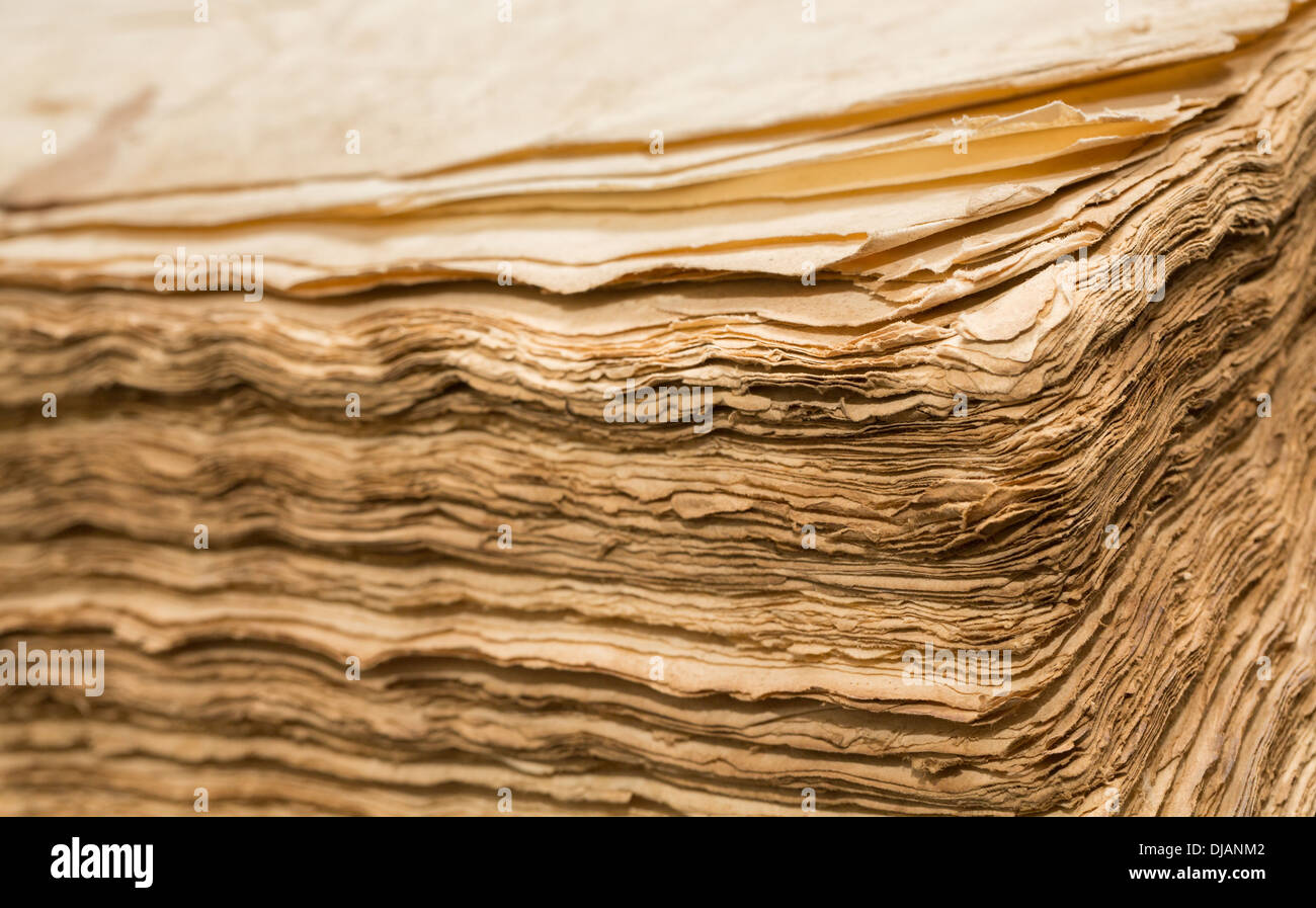 Side view of open antique book sheets Stock Photo Alamy