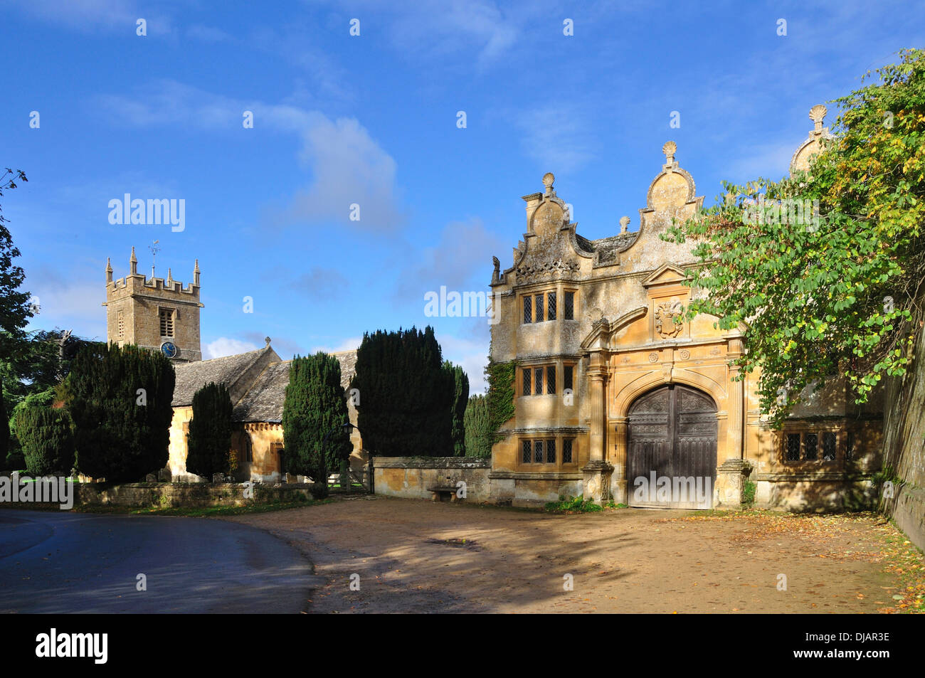 A view of the gatehouse at Stanway in the Cotswolds UK Stock Photo