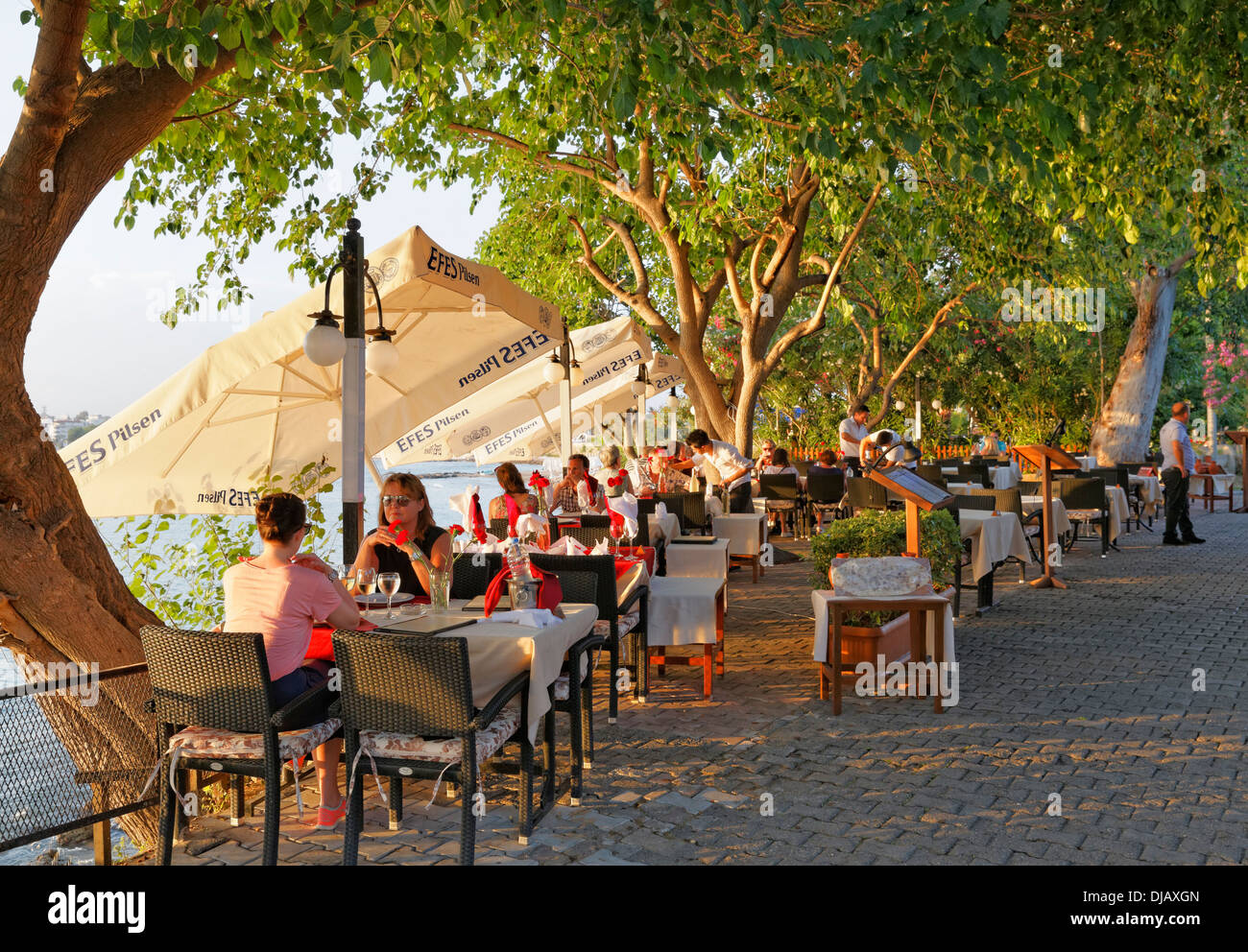 Restaurant on the promenade, Side, Antalya Province, Turkey Stock Photo ...