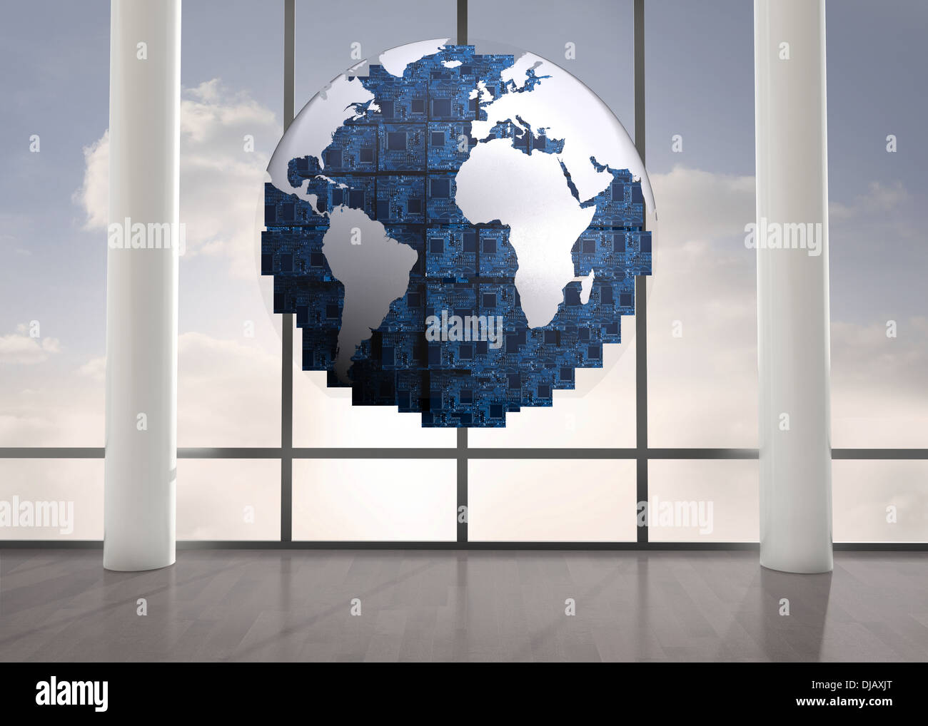 Blue globe floating in room Stock Photo