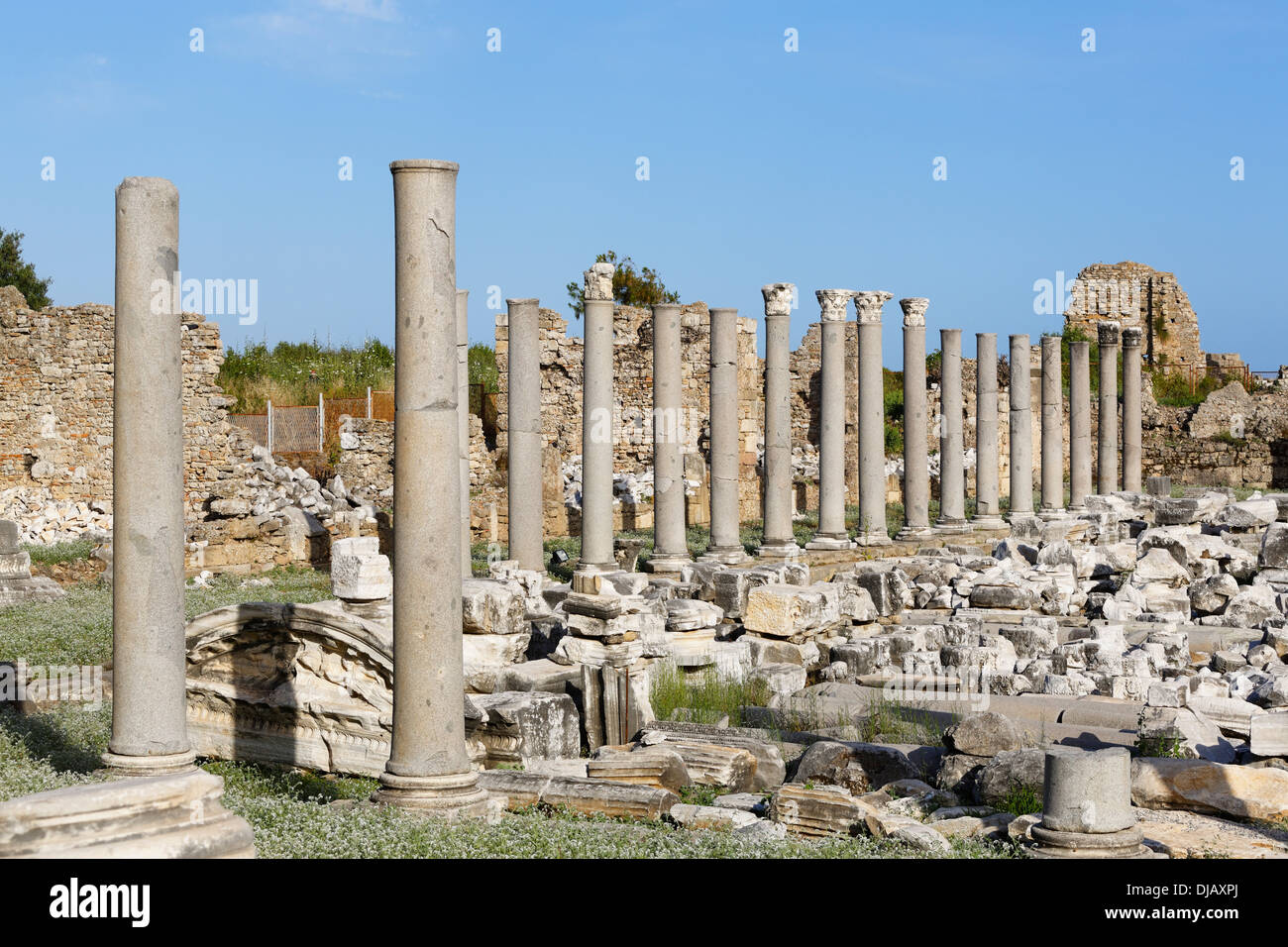 Row of columns on the agora, ancient city of Side, Pamphylia, Antalya Province, Turkey Stock Photo