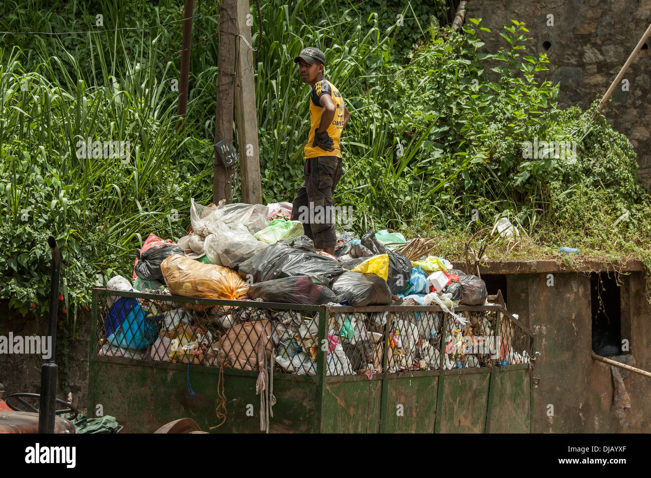 Young man collecting village waste in truck Stock Photo