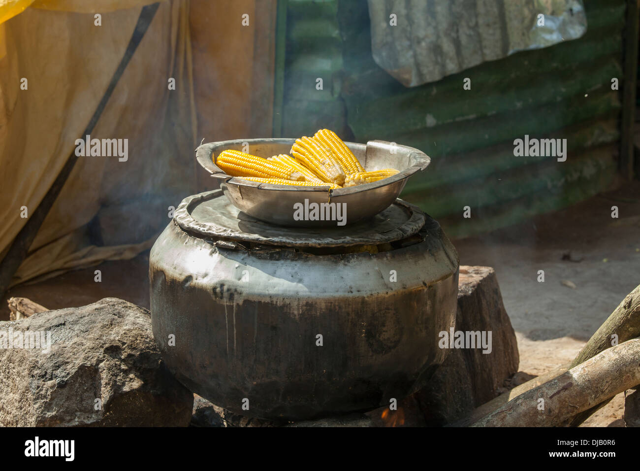 Cooking corn cobs on the street in Sri Lanka Stock Photo