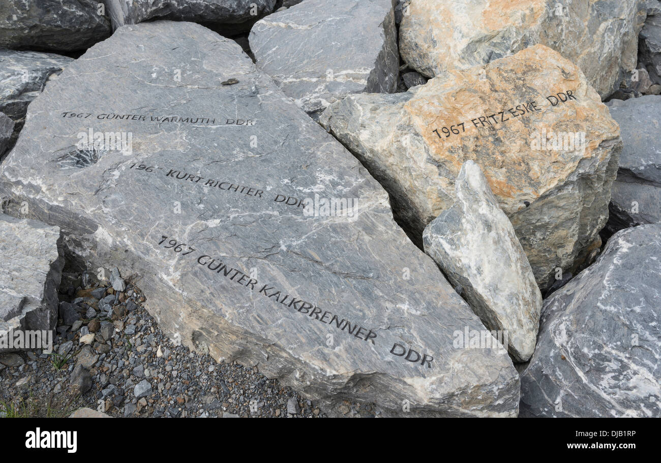 Memorial stones with names of killed climber from the GDR in 1967, Kleine Scheidegg, Grindelwald, Canton of Bern, Switzerland Stock Photo