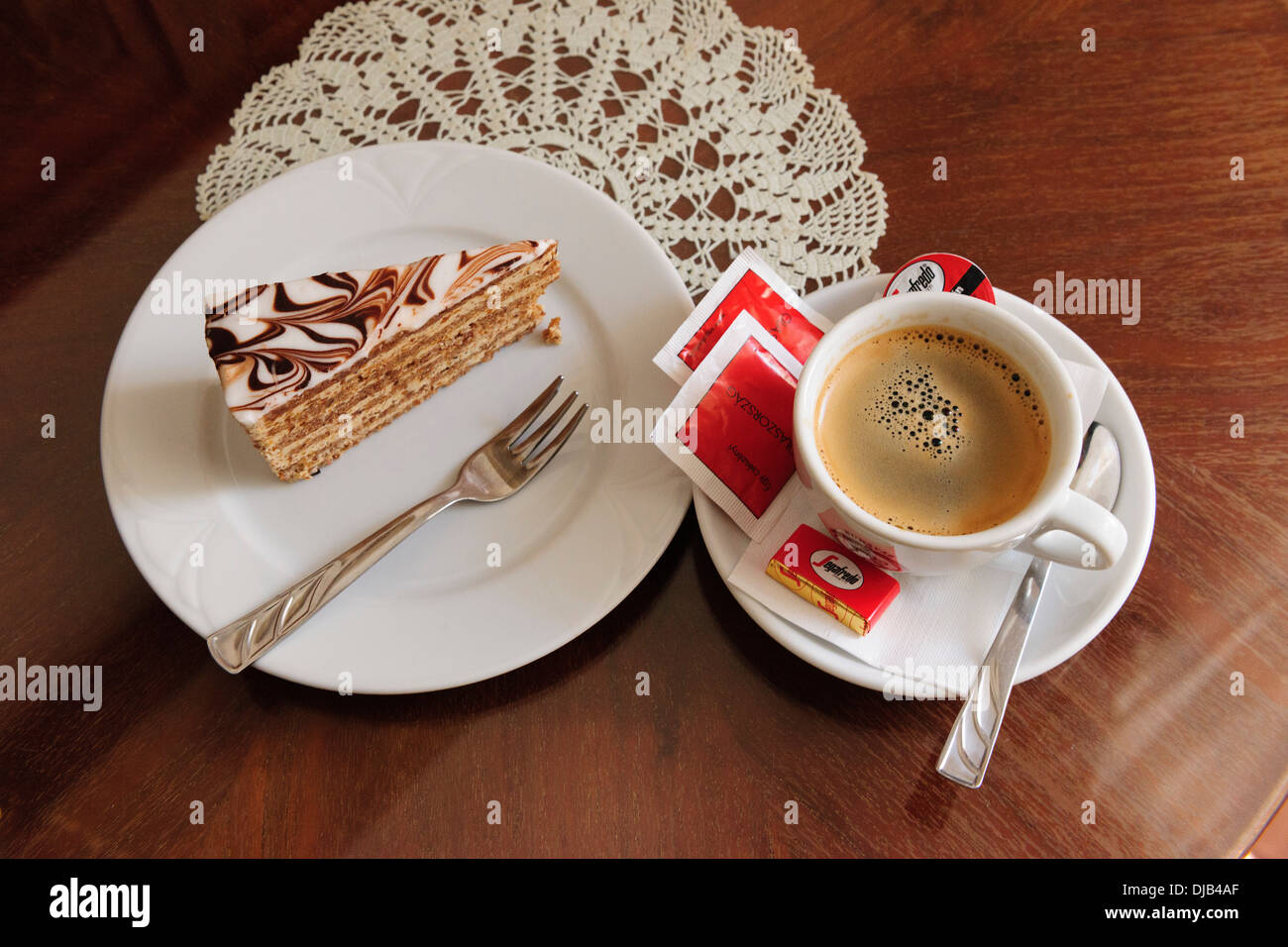 Piece of cake and cup of coffee, Ruszwurm cafe, Budapest, Hungary Stock Photo
