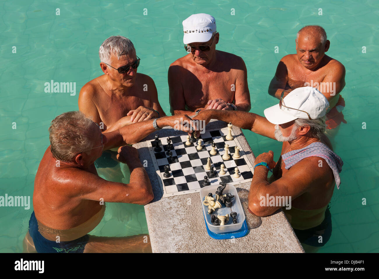 Chess players in the Széchenyi Thermal Bath, Budapest, Hungary Stock Photo