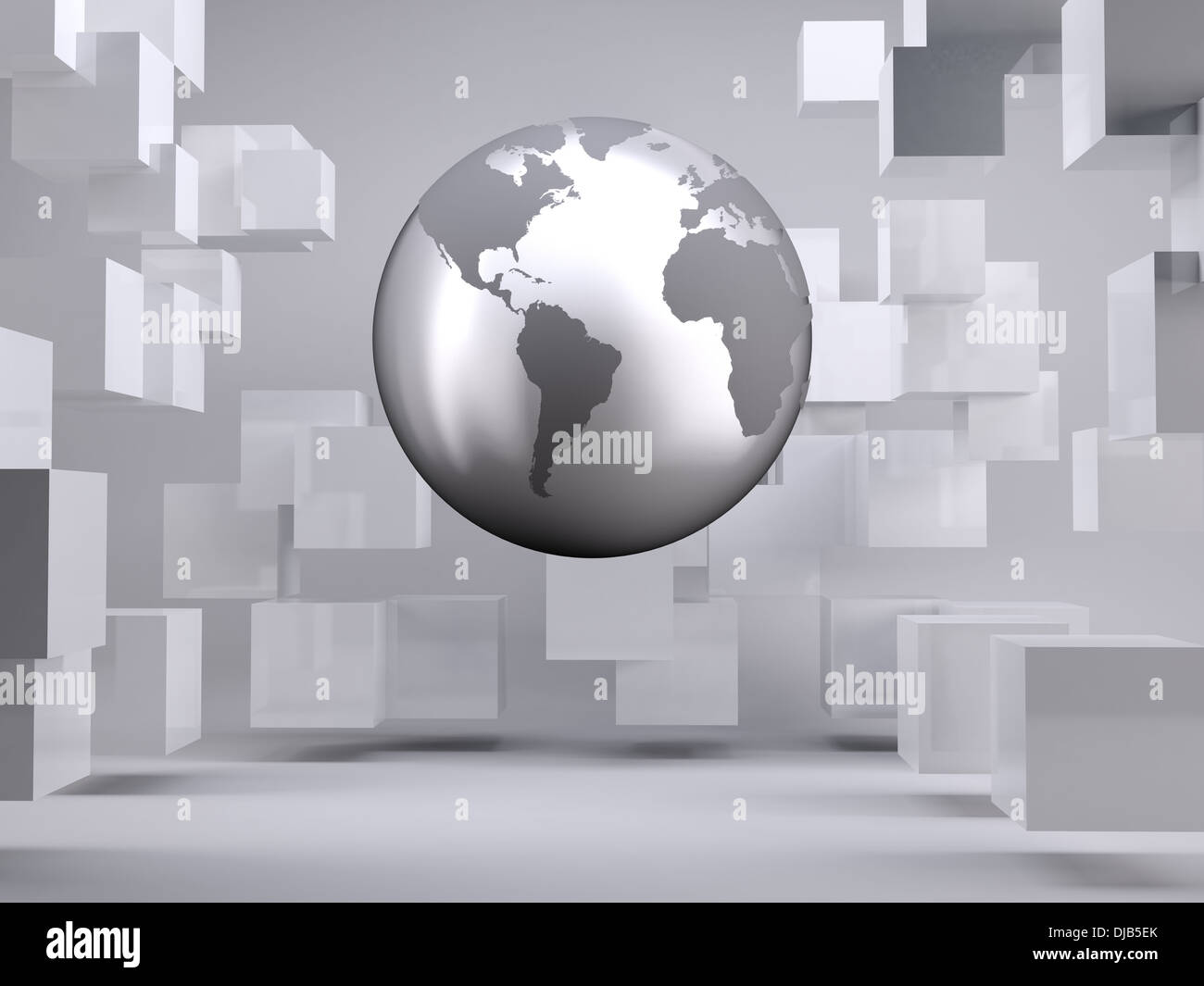 Planet floating in grey room with cubes Stock Photo