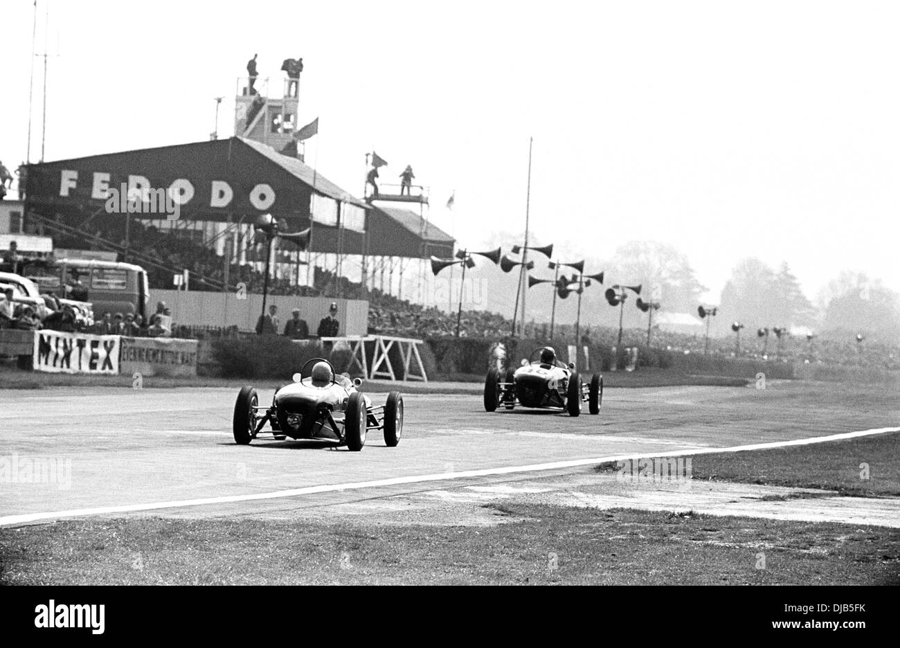 Jim Clark and Trevor Taylor finished 1st and 2nd in works Lotus 18 Formula Junior cars, England Easter Monday 18 April 1960. Stock Photo