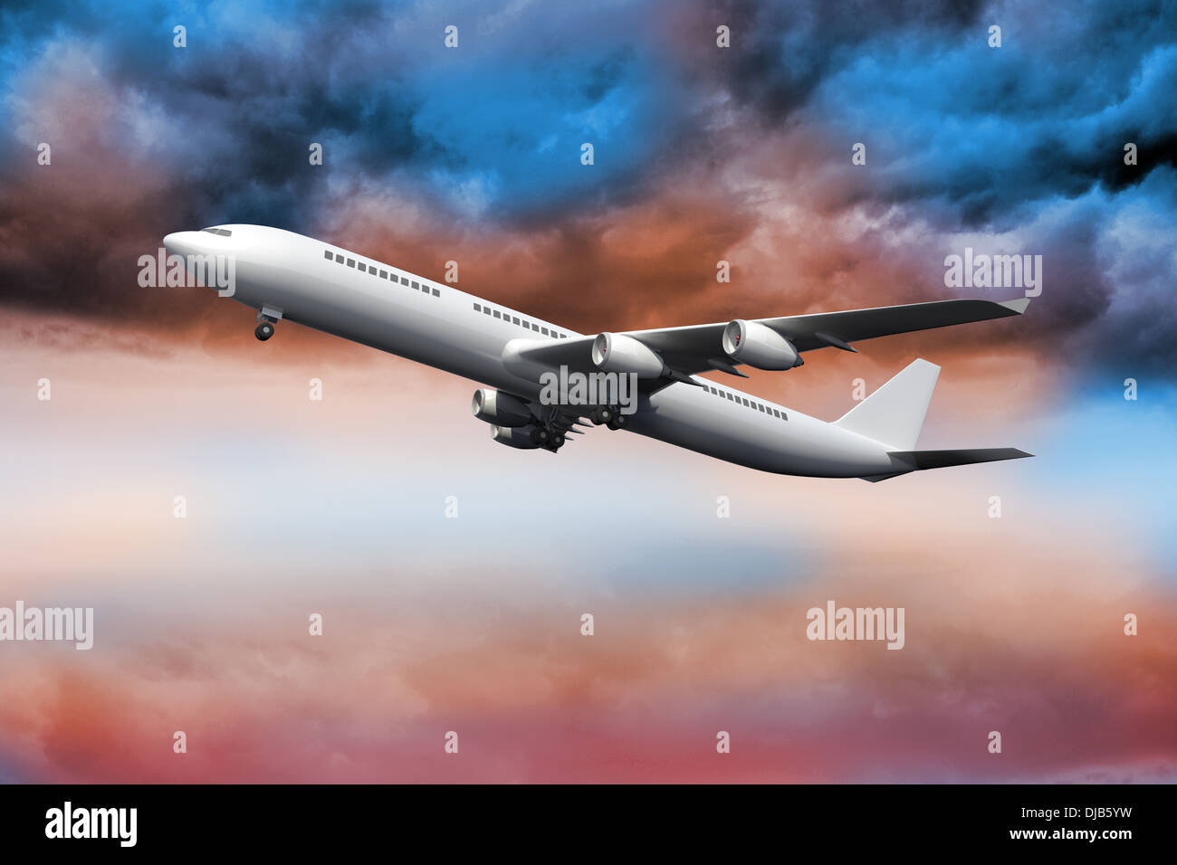 3D plane flying in colorful sky Stock Photo - Alamy