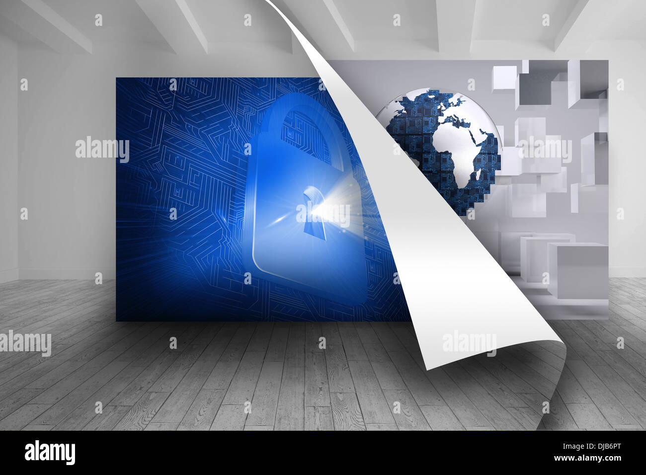 Blue picture of lock over picture of earth Stock Photo - Alamy