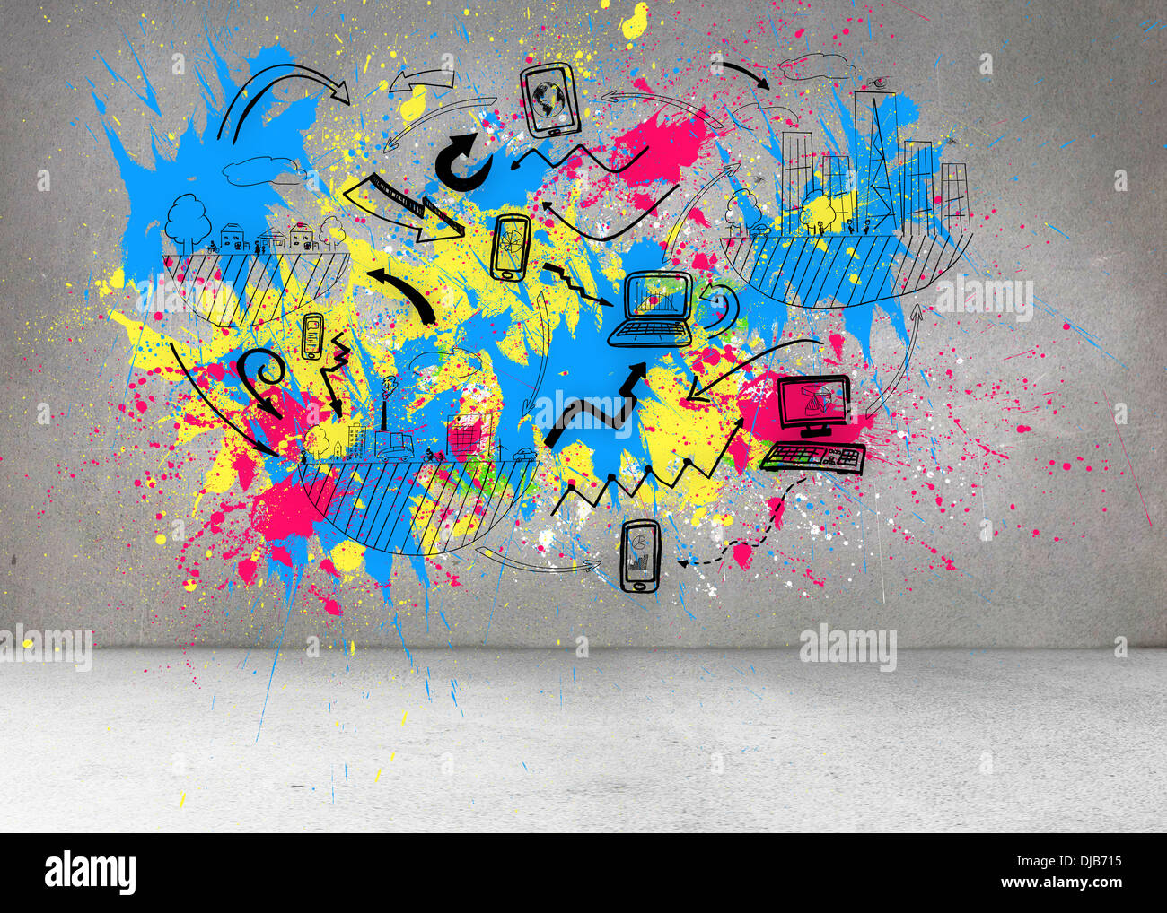 Colorful splashes on grey wall with graphics Stock Photo