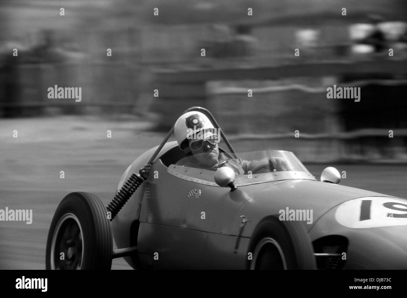 Motorcycle Champion Geoff Duke in a Gemini front-engined Formula Junior Silverstone, England 14 May 1960. Stock Photo