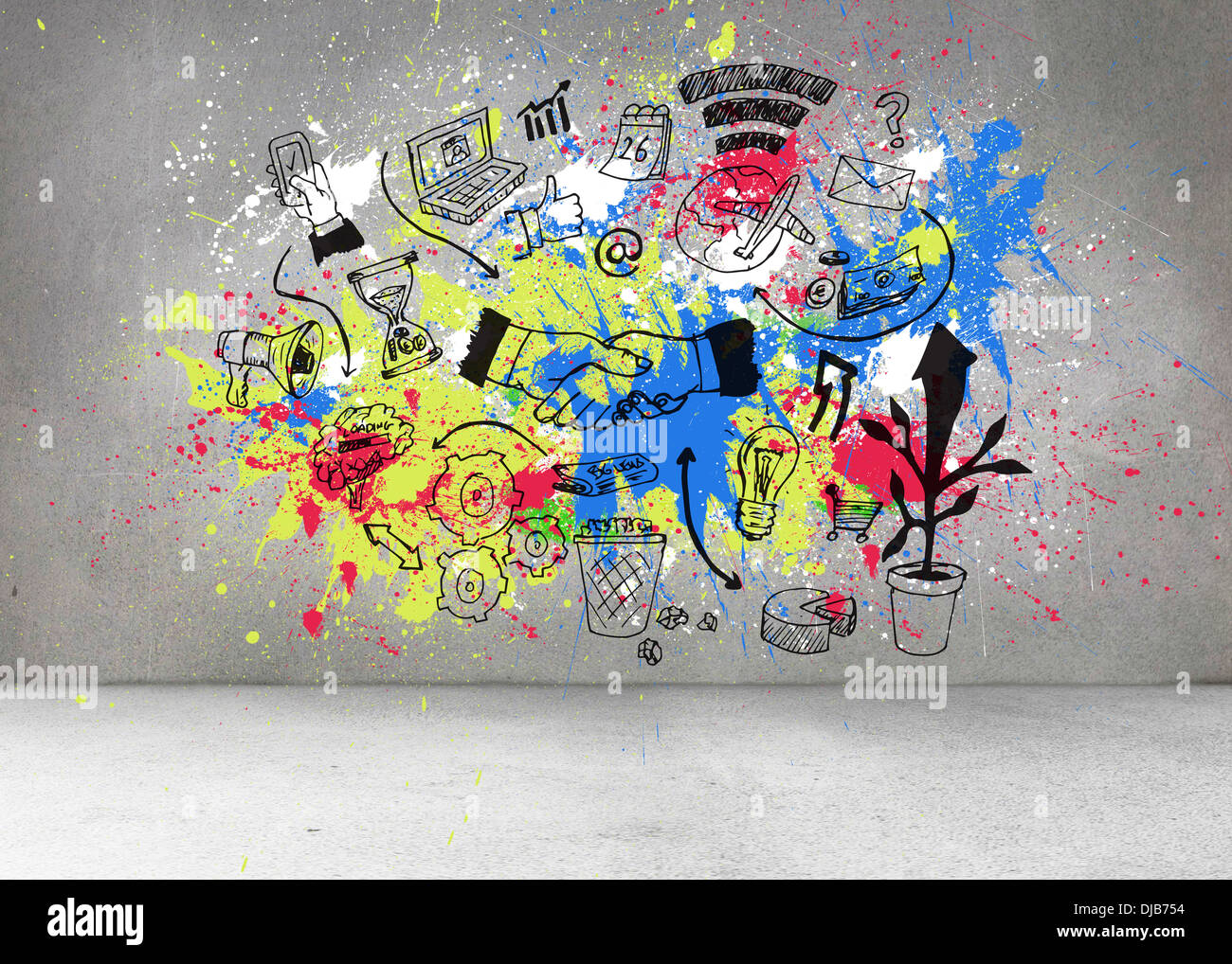 Grey wall with graphics and splashes Stock Photo