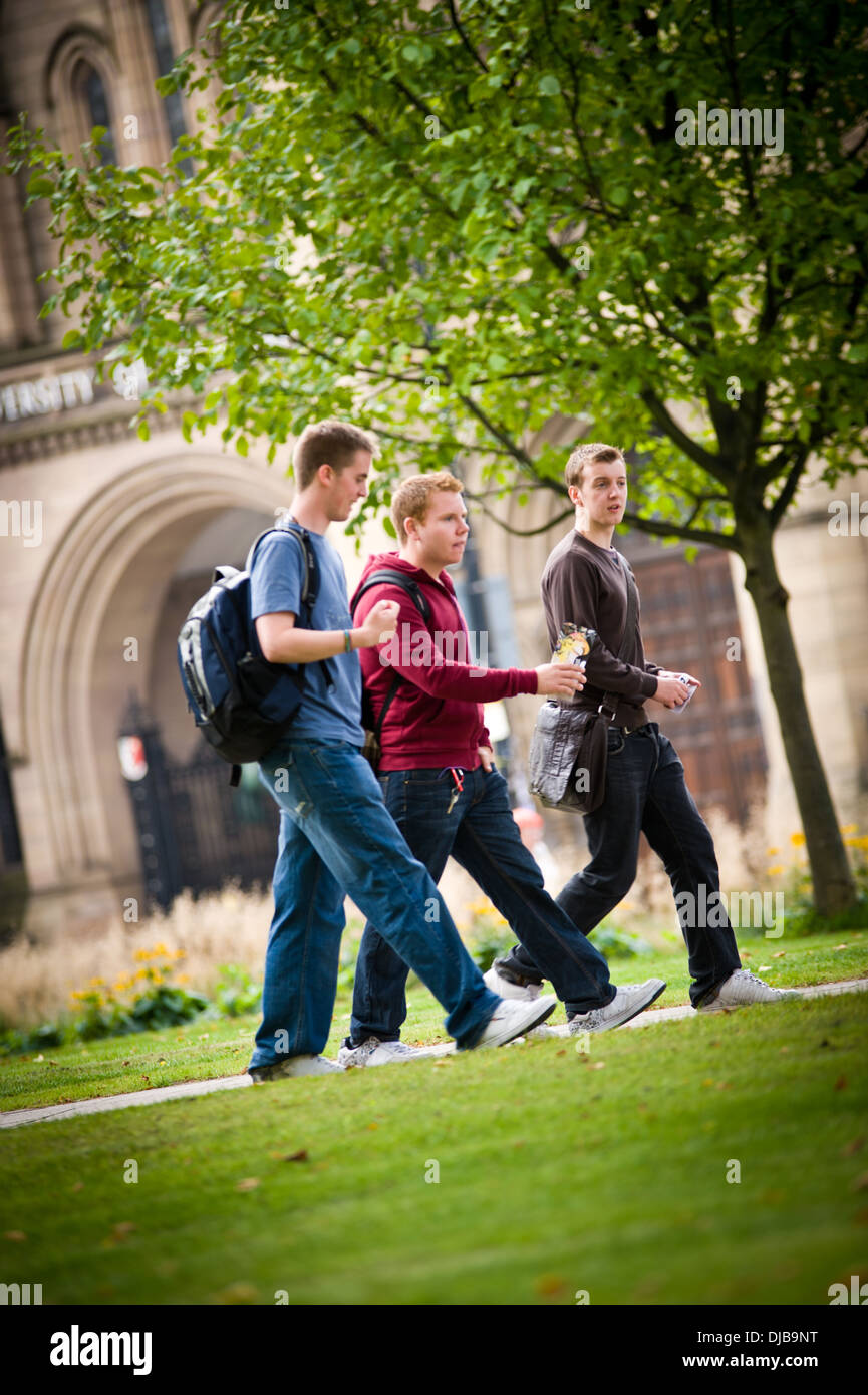 long shot of university students walking on path by grassy area on university campus Stock Photo