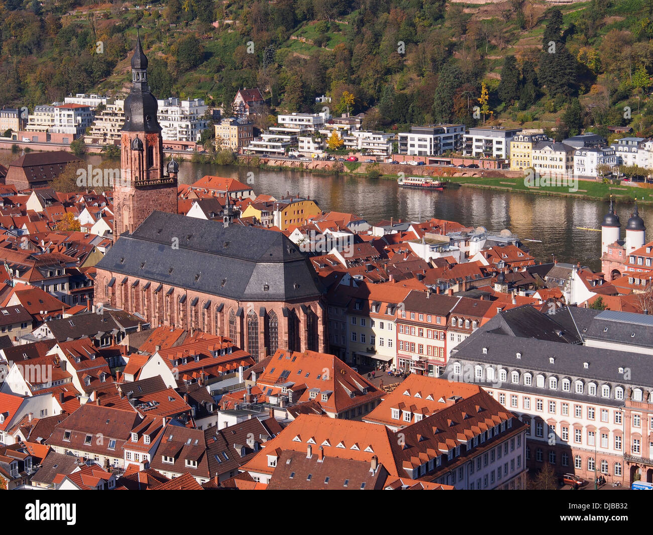View from Heilelberg Castle showing the town, the Cathedral and the River Neckar and the relationship of the castle to the town Stock Photo