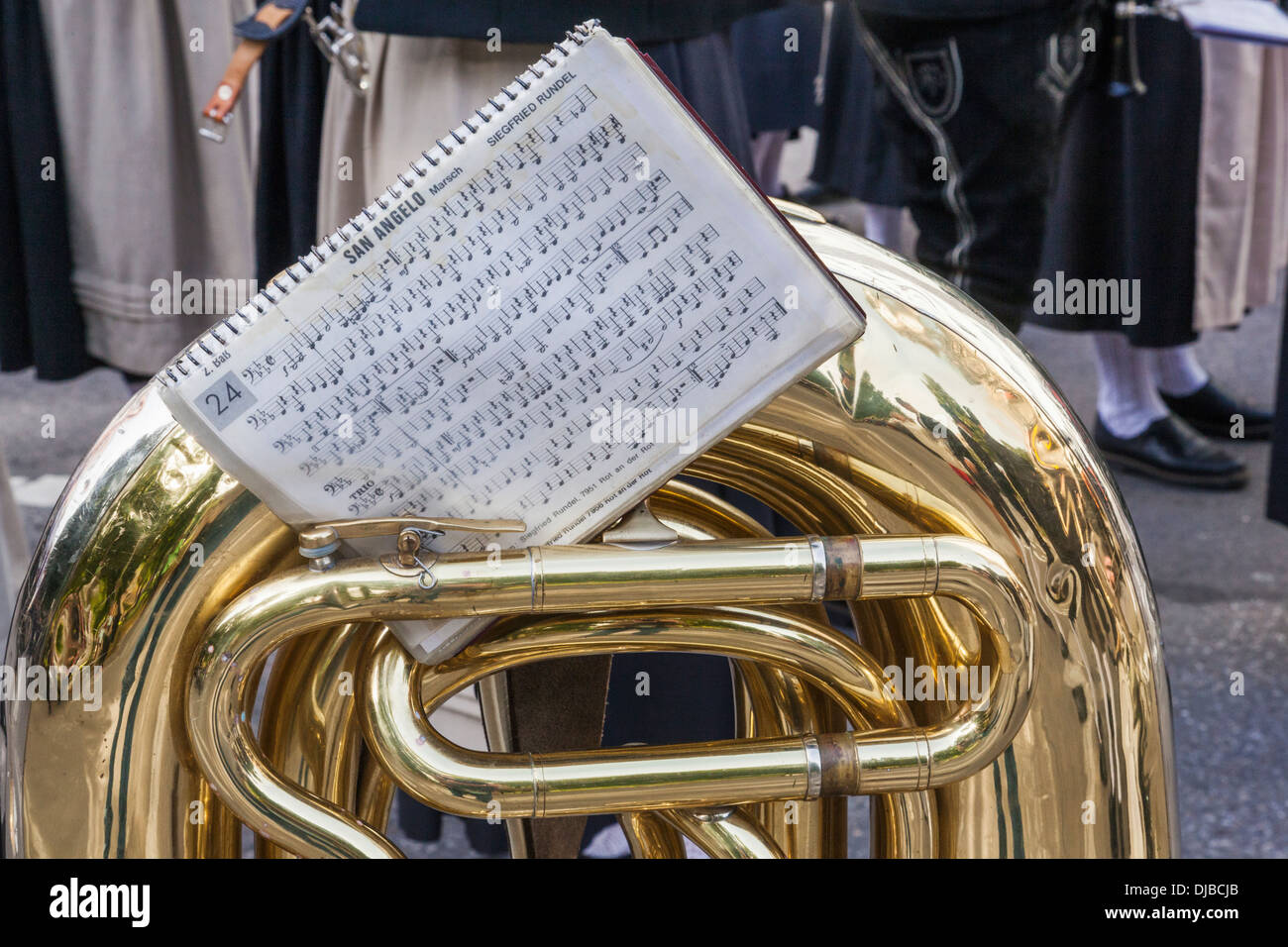 Germany, Bavaria, Munich, Oktoberfest Parade, Detail of Sheet Music and Brass Trombone Stock Photo