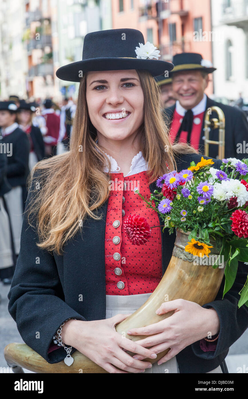 Germany, Bavaria, Munich, Oktoberfest Parade, Girl in Regional Costume ...