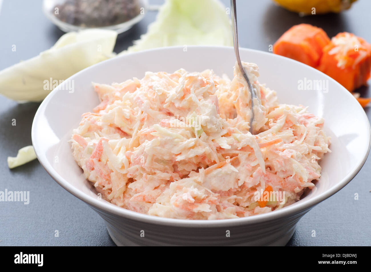 Homemade creamy carrot and cabbage coleslaw. Stock Photo