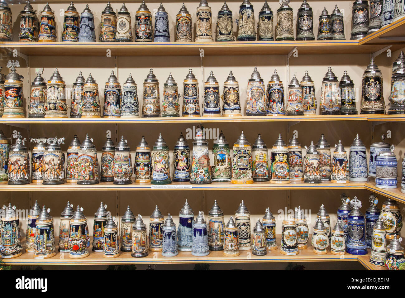 Germany, Bavaria, Munich, Souvenir Shop Window Display of Beer Steins