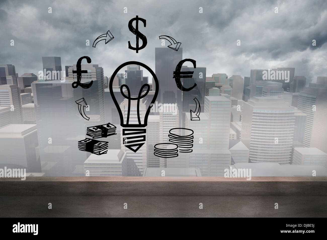 Light bulb and money over cityscape Stock Photo